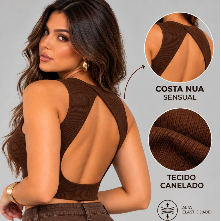 Cropped Feminino Regata Recorte Costa Aberta Feminino Com bojo Canelado Gola Redonda Casual Sensual Dia a Dia