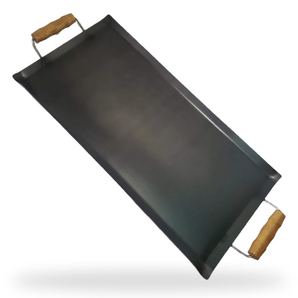 Chapa Bifeteira 60x30 Aço Carbono 2mm para Fogão Hambúrguer Lanche Bife Porções Ovo Cabo de Madeira Chapa Lisa