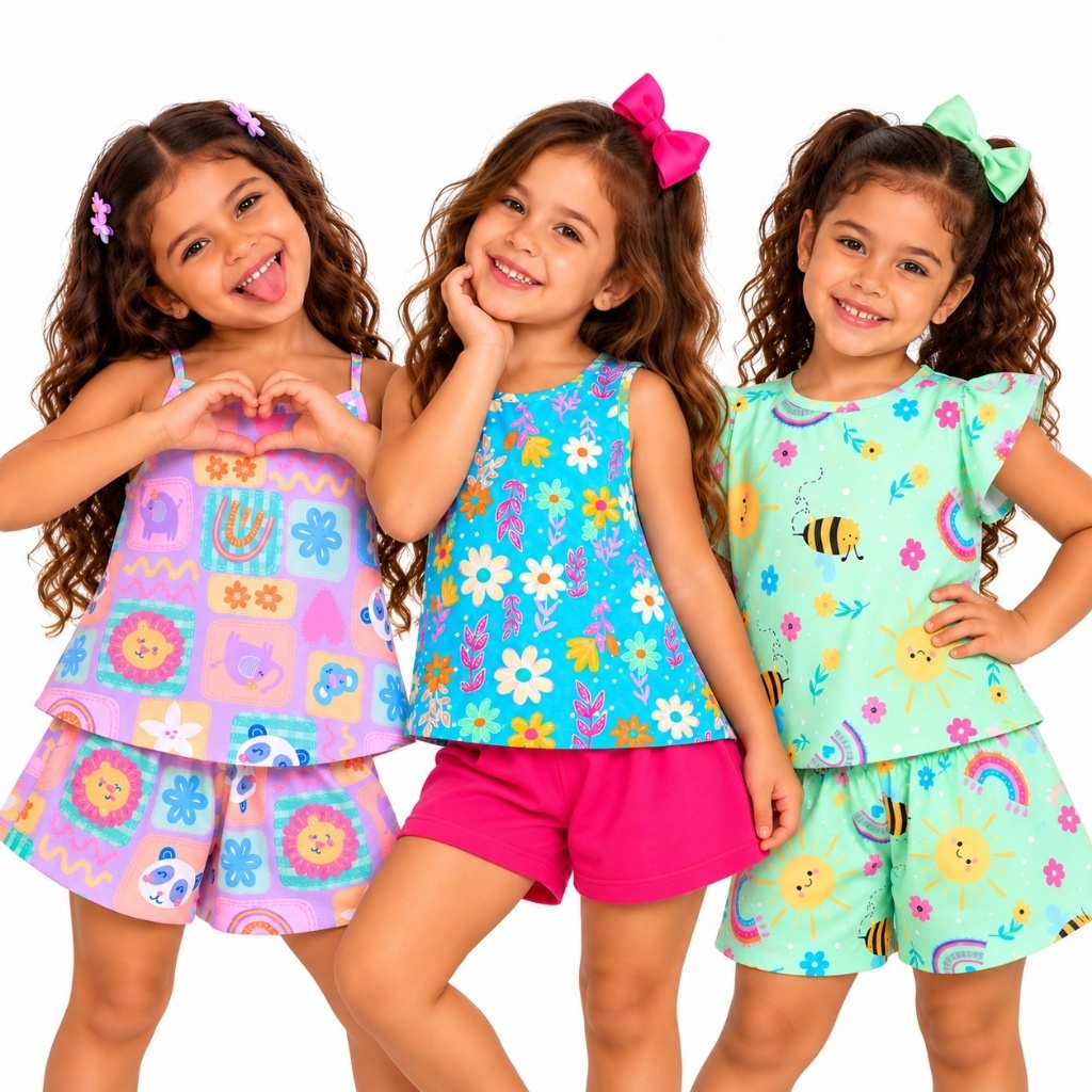 Kit 3 Conjuntos Infantil Feminino Verão Blusa e Short Menina Roupa Infantil Estampada Confortável