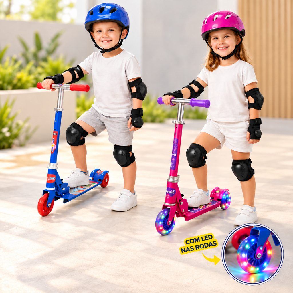 Patinete Infantil 3 Rodinhas com Luz Led e Freio Ajustável Até 25kg Menino Menina