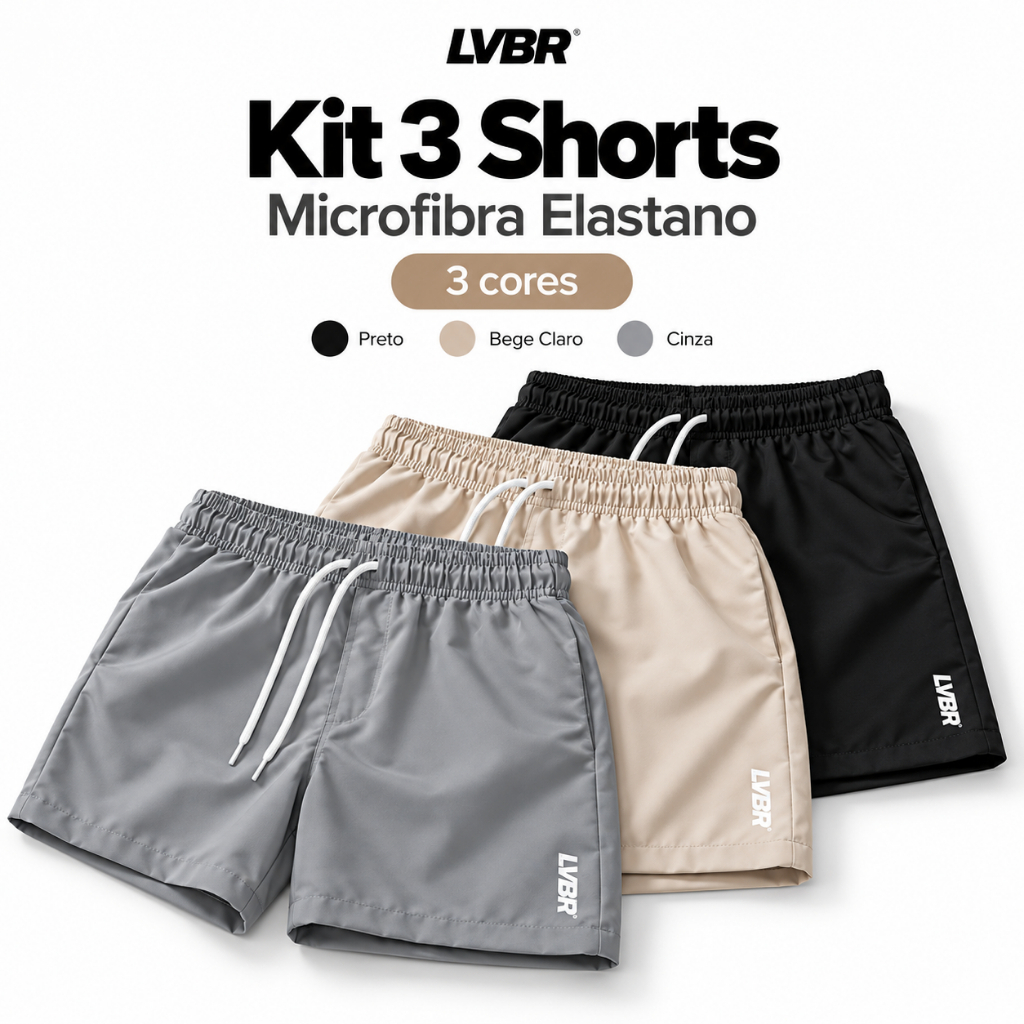 Kit 3 Bermuda Short Masculino Microfibra Tactel Elastano Academia Treino Praia Corrida Homem Premium