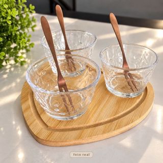 Petisqueira 7 Peças Mesa posta Charme - Tábua Coração em Bambu, Bowls de Borboleta e Garfos em Inox Rosé
