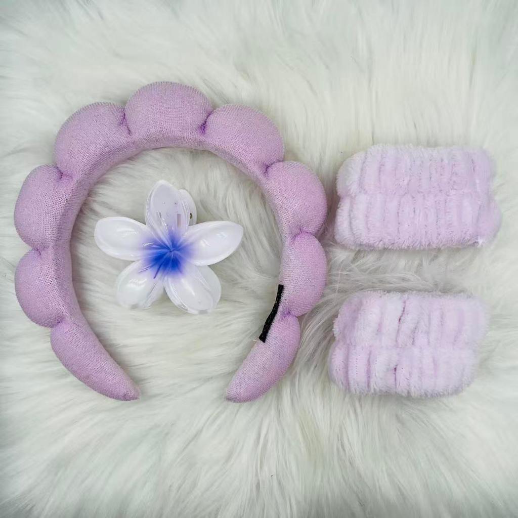 KIT 4  PCS Acessórios de Skincare Spa Feminino - Tiara Nuvem, Faixa de Pulso, Presilha de Flor