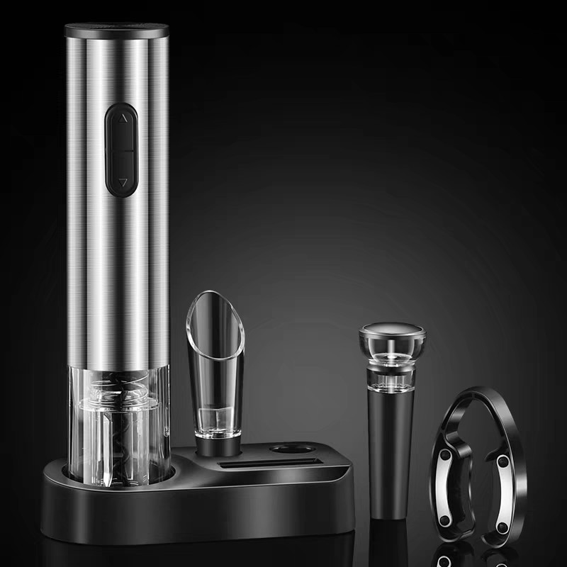 Abridor de Vinho Elétrico Recarregável Kit 5 Peças Saca Rolhas Automático em Aço Inox