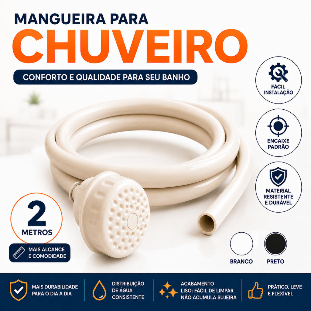 Mangueira  Chuveiro com Chuveirinho 2 Metros Flexível Reforçada para Banho Conforto e Mobilidade