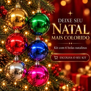Bolas de Natal Coloridas Kit 6 Peças Enfeite Pendente para Arvore de Natal Brilhante 6cm
