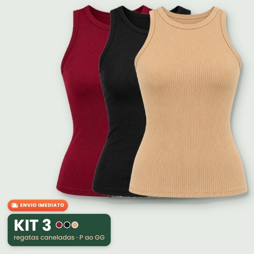 Kit 3 Blusas Femininas Regata Canelada Estilosa Elegante Ribana Básica Casual Gola Redonda Blusinha Confortável