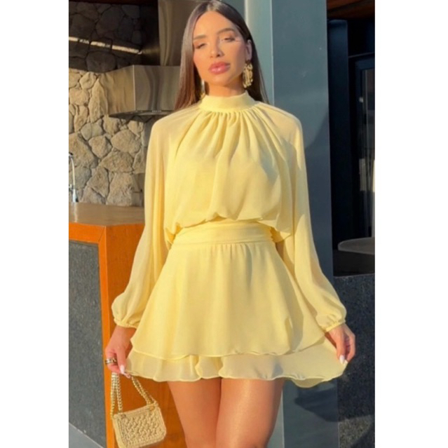 Macaquinho Curto Manga Longa Gola Alta Feminino Chiffon - Elegante Casual Festa Tendência Verão