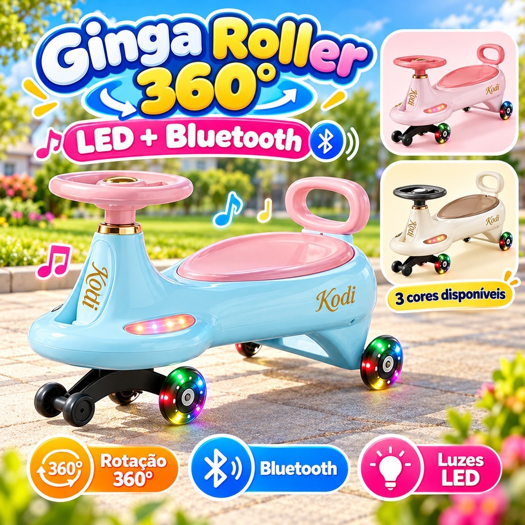 Rolimã Ginga com LED e Bluetooth, Rotação 360° | Suporta até 100kg, Ideal para Meninos e Meninas - P23