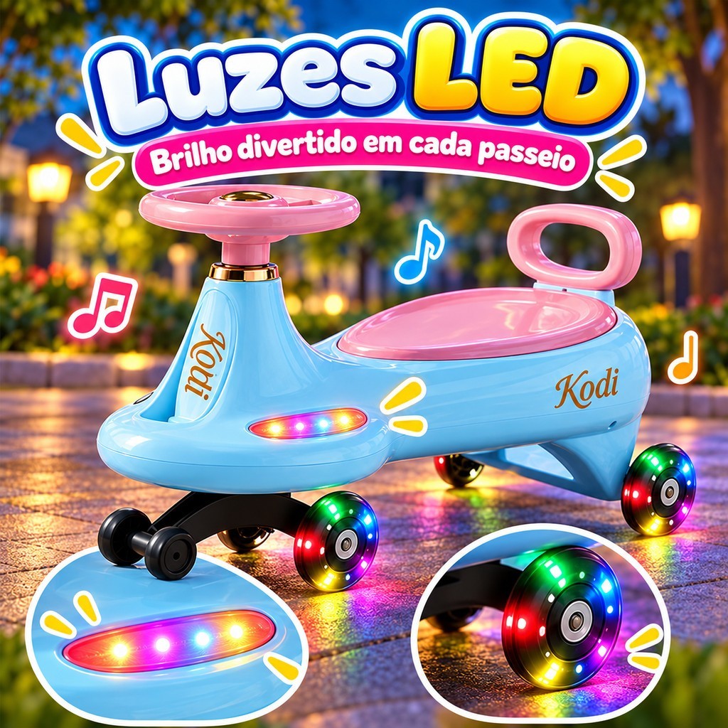 arrinho de Passeio Infantil 360° Rolima com Luz LED Até 100kg, Menino ou Menina, Gira Gira Car P23