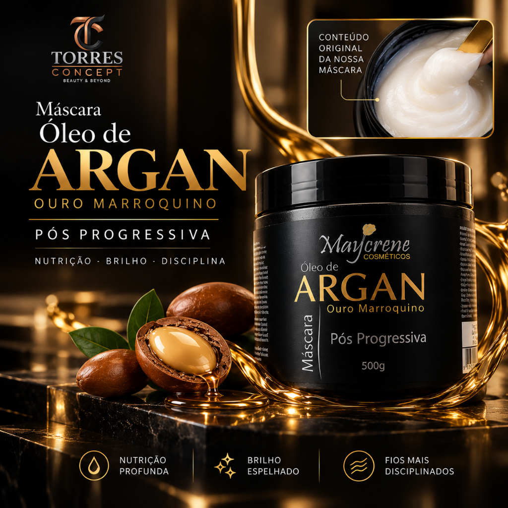 Máscara Argan Branco Maycrene 500g Pós Progressiva Anti-Frizz Brilho Ouro Marroquino Profissional