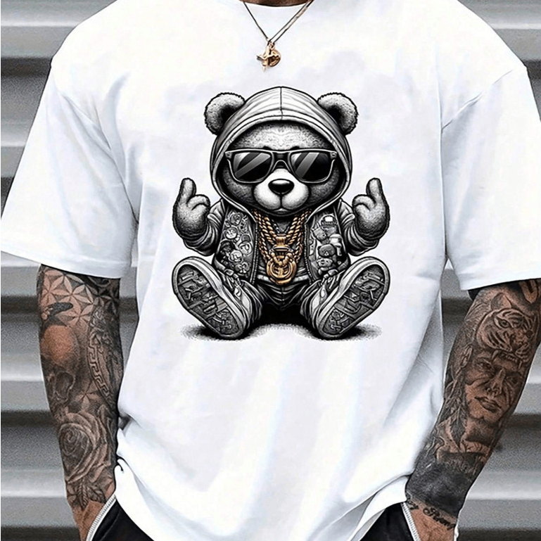 Camiseta Unissex Gola Redonda Tecido 100% Algodão Camiseta Masculina Estampada Urso