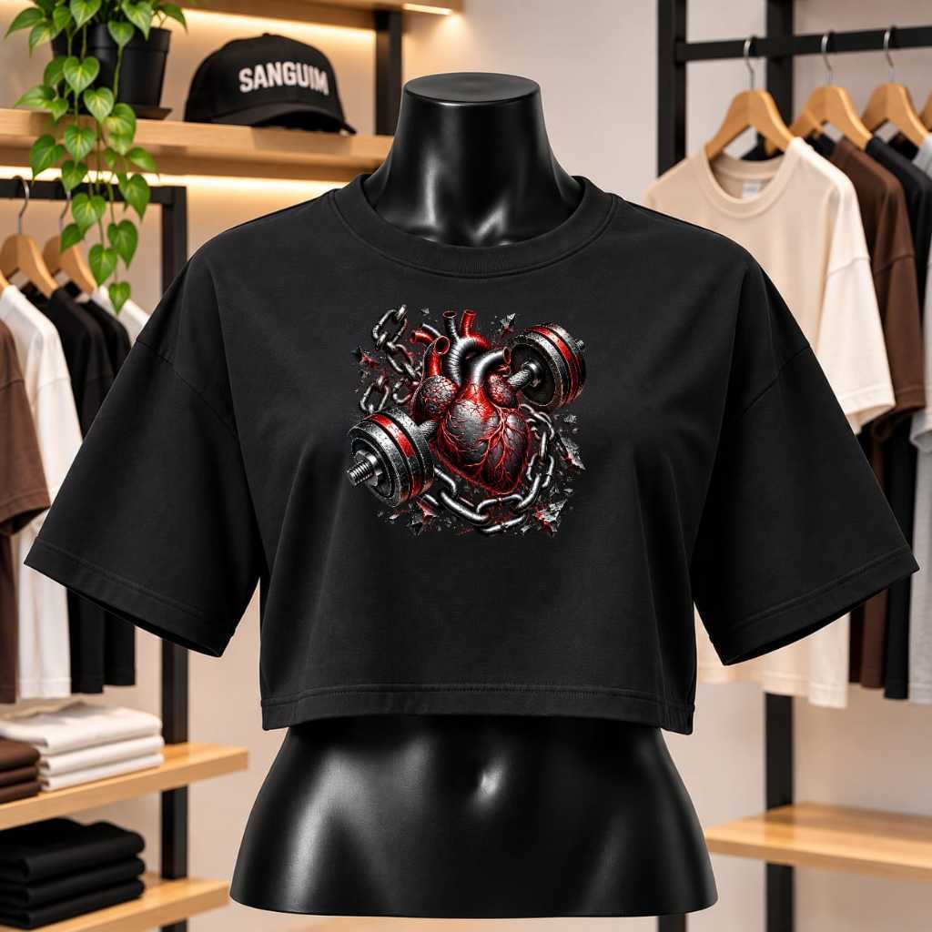 CAMISETA FEMININA CORAÇÃO ACADEMIA CROPPED OVERSIZED 100% ALGODÃO – ESTAMPAS FITNESS, ACADEMIA E GYM