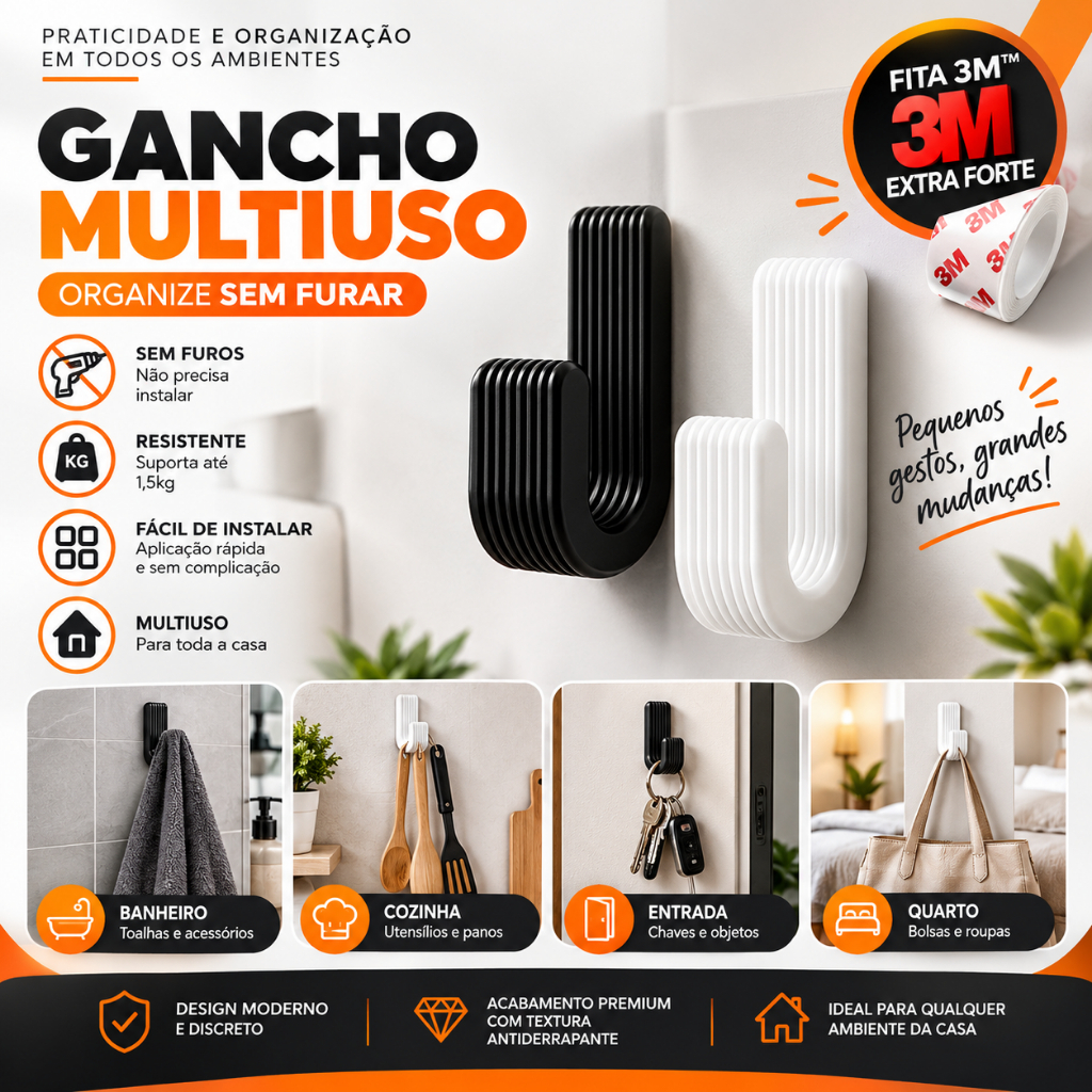 Kit Gancho Adesivo Parede Banheiro Pendurar Toalha com fita dupla-face 3m extra Forte sem Furo, Multiuso
