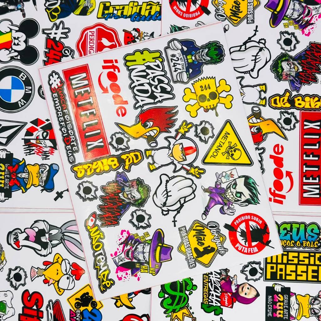 Kit 10 Cartelas Adesivos Vinil 20x25cm Atacado Stickers Impermeável Personalização Notebook Moto Carro Bike — imagem 2 de 2