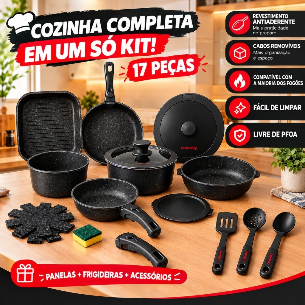 Jogo de Panela Kit 17 Peças Antiaderente Alumínio Teflon Preto Branco Rose
