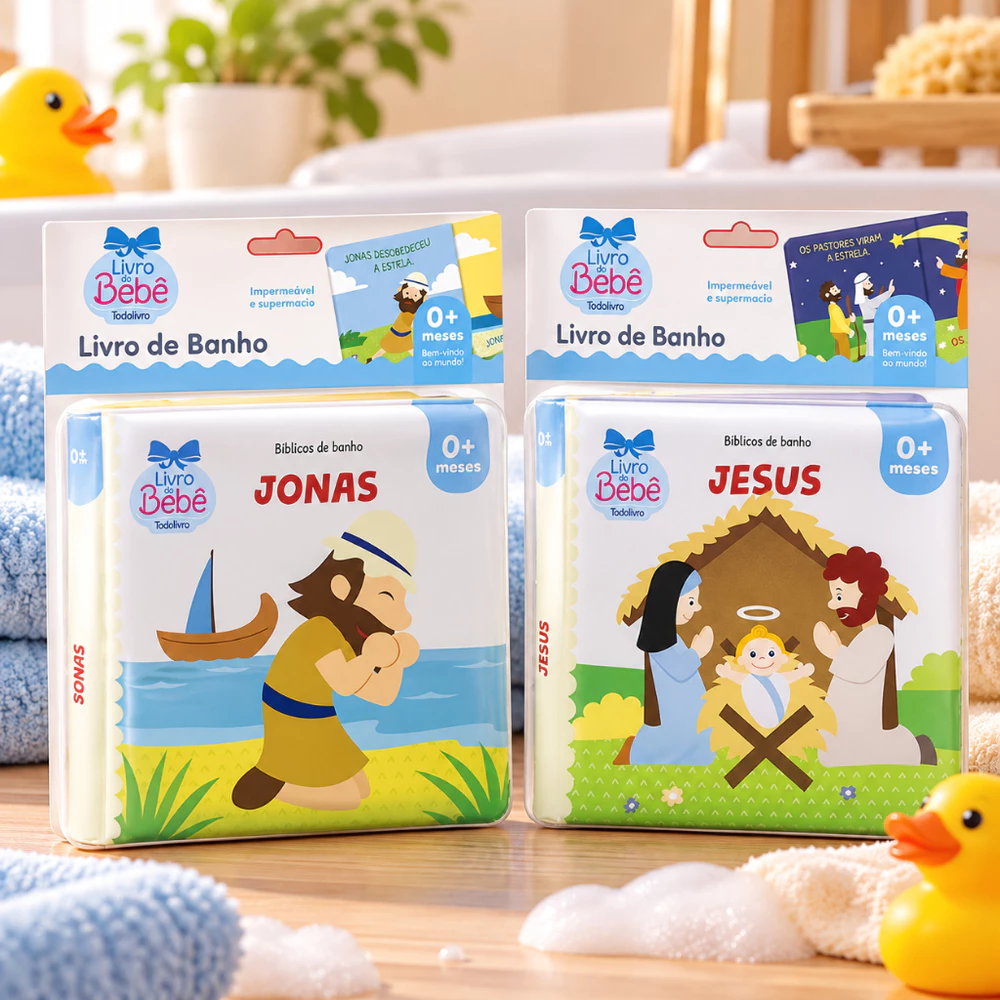 Livro de Banho Bíblico para Bebê 0+ Meses – Jesus e Jonas | Impermeável e Supermacio Kit com 2