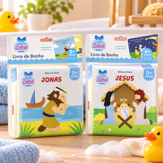 Livro de Banho Bíblico para Bebê 0+ Meses – Jesus e Jonas | Impermeável e Supermacio Kit com 2