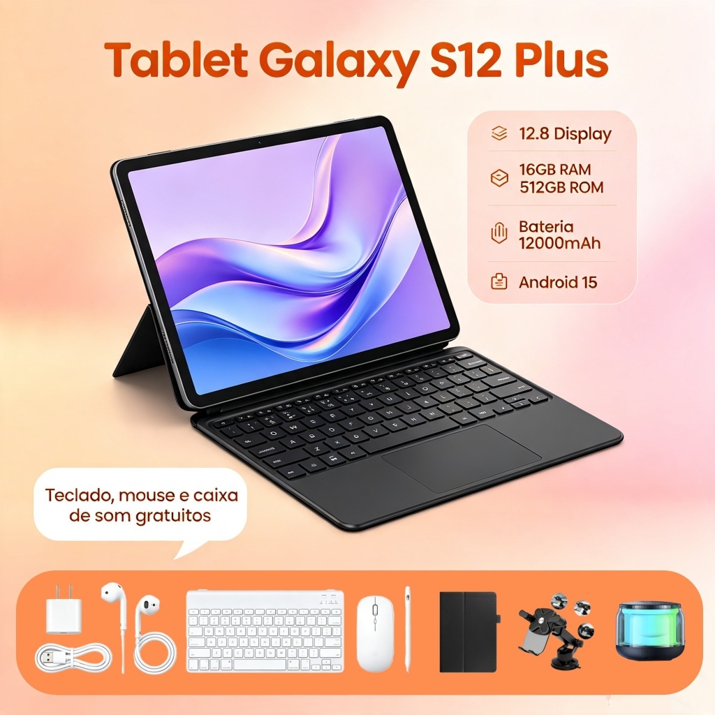 【Teclado e mouse gratuitos】Tablet Galaxy S12 Plus de 12.8polegadas 16 GB + 512 GB 12000 mAh Tablet Android 5G wifi