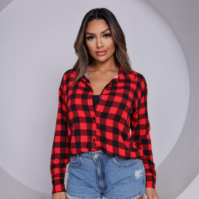 Camisa Xadrez Feminina Manga Longa em Crepe Leve – Blusa Casual Moda 2026 (M G GG G1 G2)