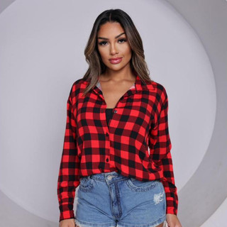 Camisa Xadrez Feminina Manga Longa em Crepe Leve – Blusa Casual Moda 2026 (M G GG G1 G2)