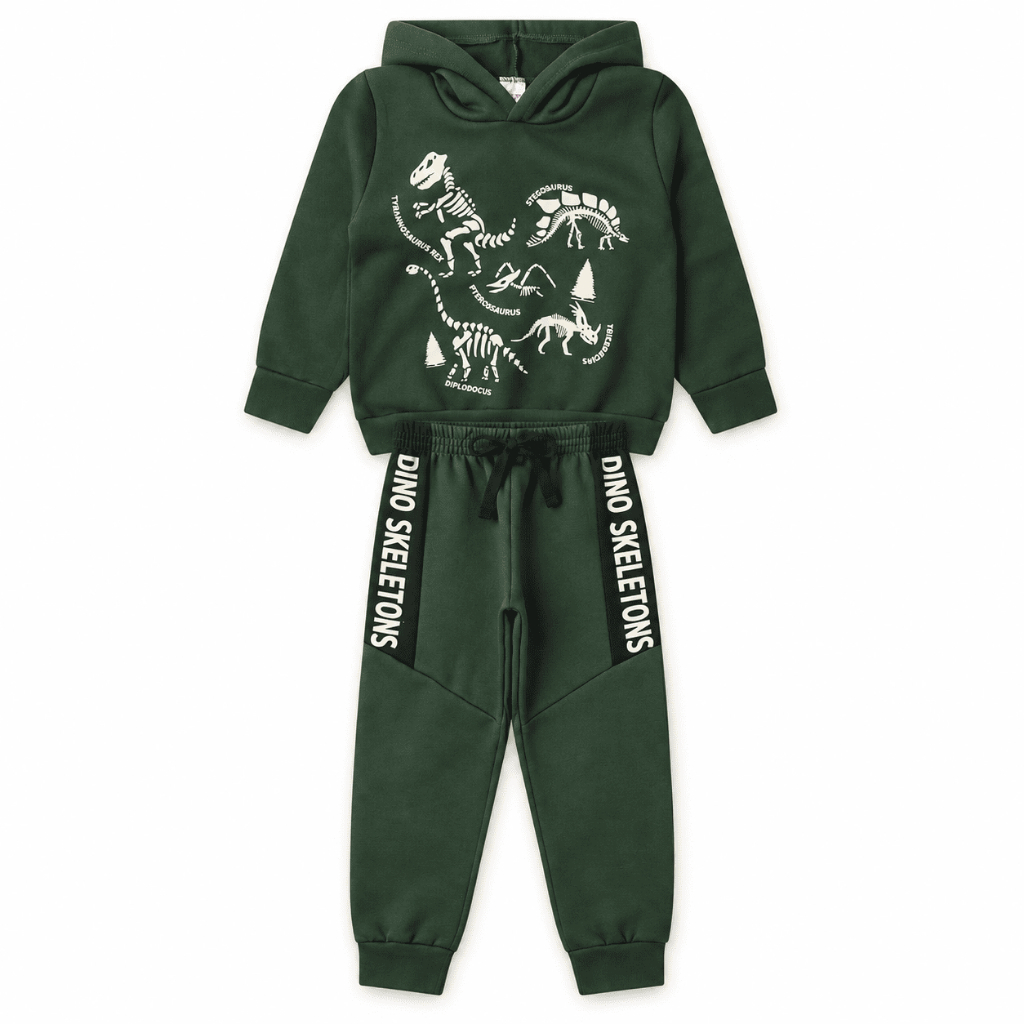 Conjunto Moletom Infantil Menino Peluciado com Capuz Dinossauro Verde Casaco e Calça Inverno 2 ao 12 Anos Mafi Kids