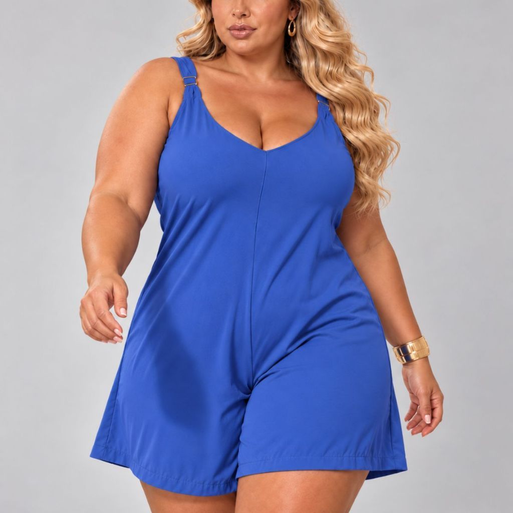 Macaquinho Plus Size Feminino Casual Verão Tecido Duna Soltinho Alça Regulável Fivela