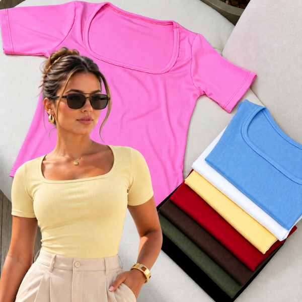Blusa Feminina Ribaninha Canelada Manga Curta Decote Quadrado Casual Básica Moda Feminina Confortável Tendência