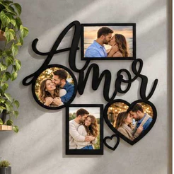 Quadro Porta Fotos Amor em MDF – 4 Fotos 10x15 | Decoração Romântica 40x40 cm