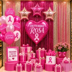 Kit Decoração Outubro Rosa Completo Balões Painel Cortina Metalizada Decoração Vitrine Loja Escola
