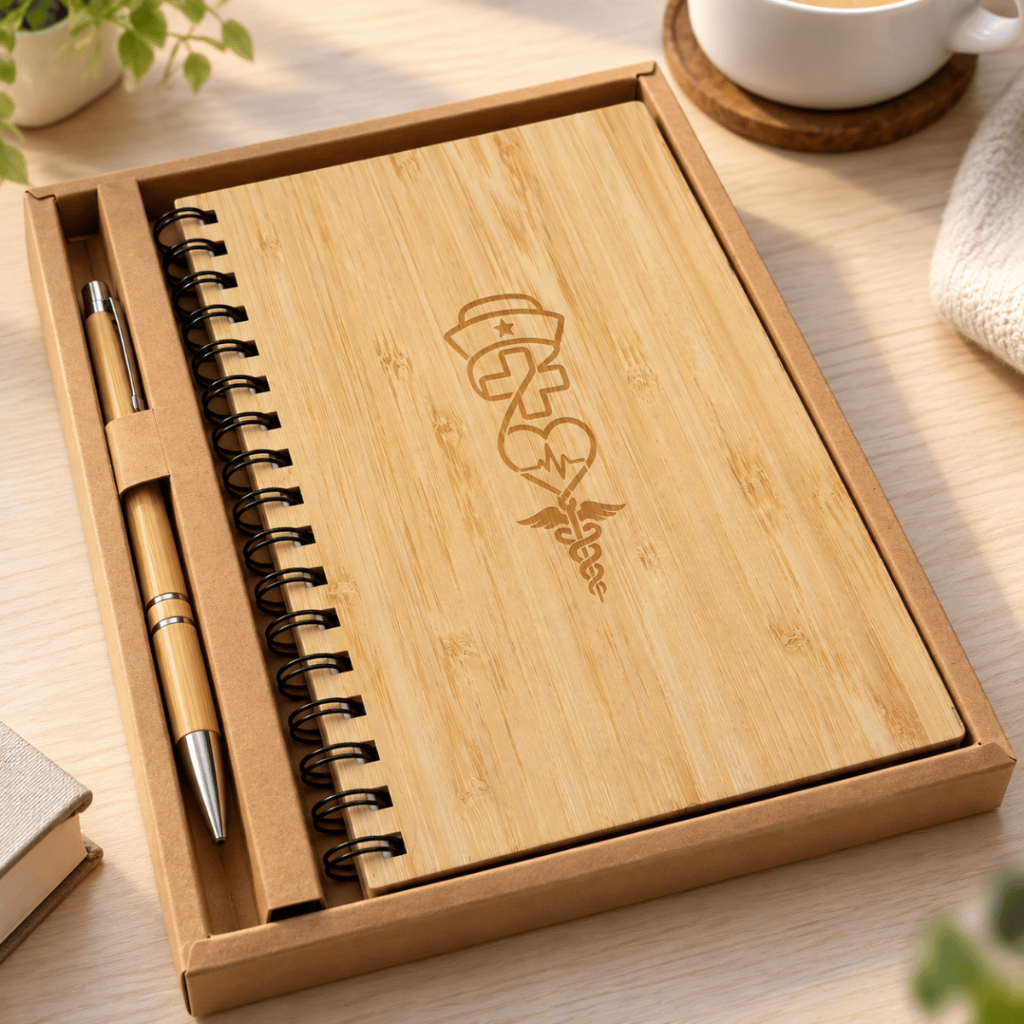 Kit Caderno com Pauta Caneta Personalizada Bambu Nome 2 Peças Caixa Presente