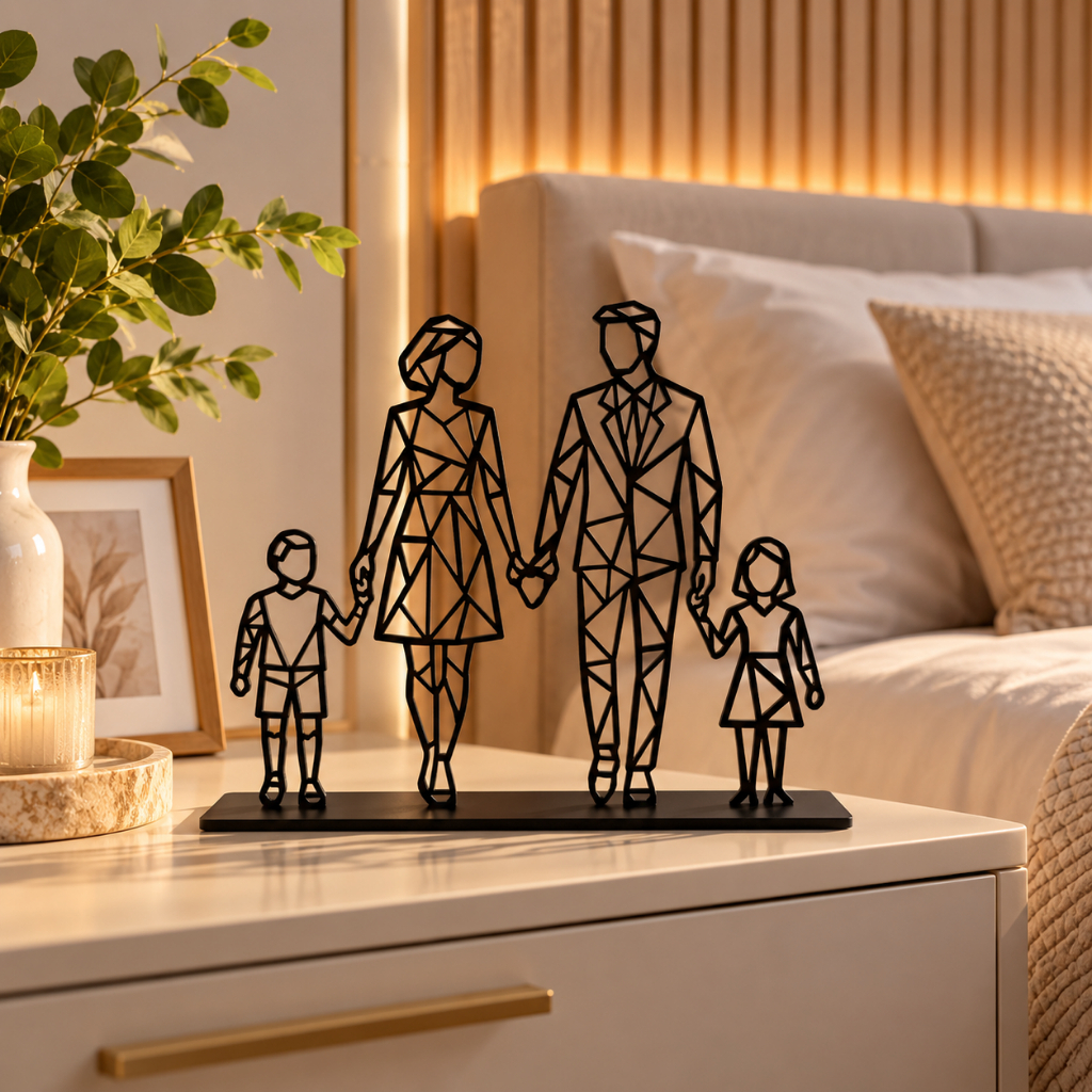 Família Geométrica em MDF Preto com Base Decoração Moderna Pai Mãe Filhos Estilo Minimalista