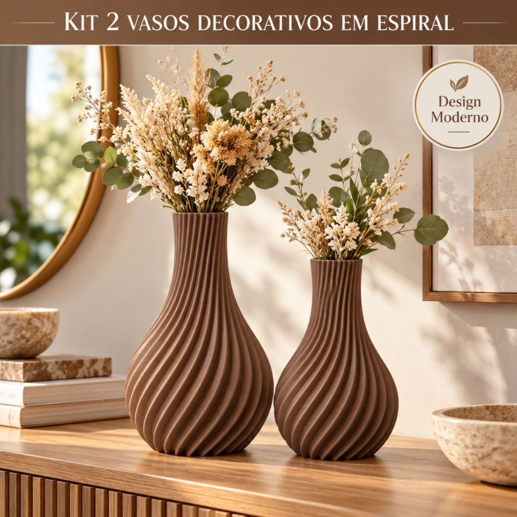 Kit 2 Vasos Decorativos em Espiral Moderno Para Arranjos Artificiais Sala Aparador Decoração