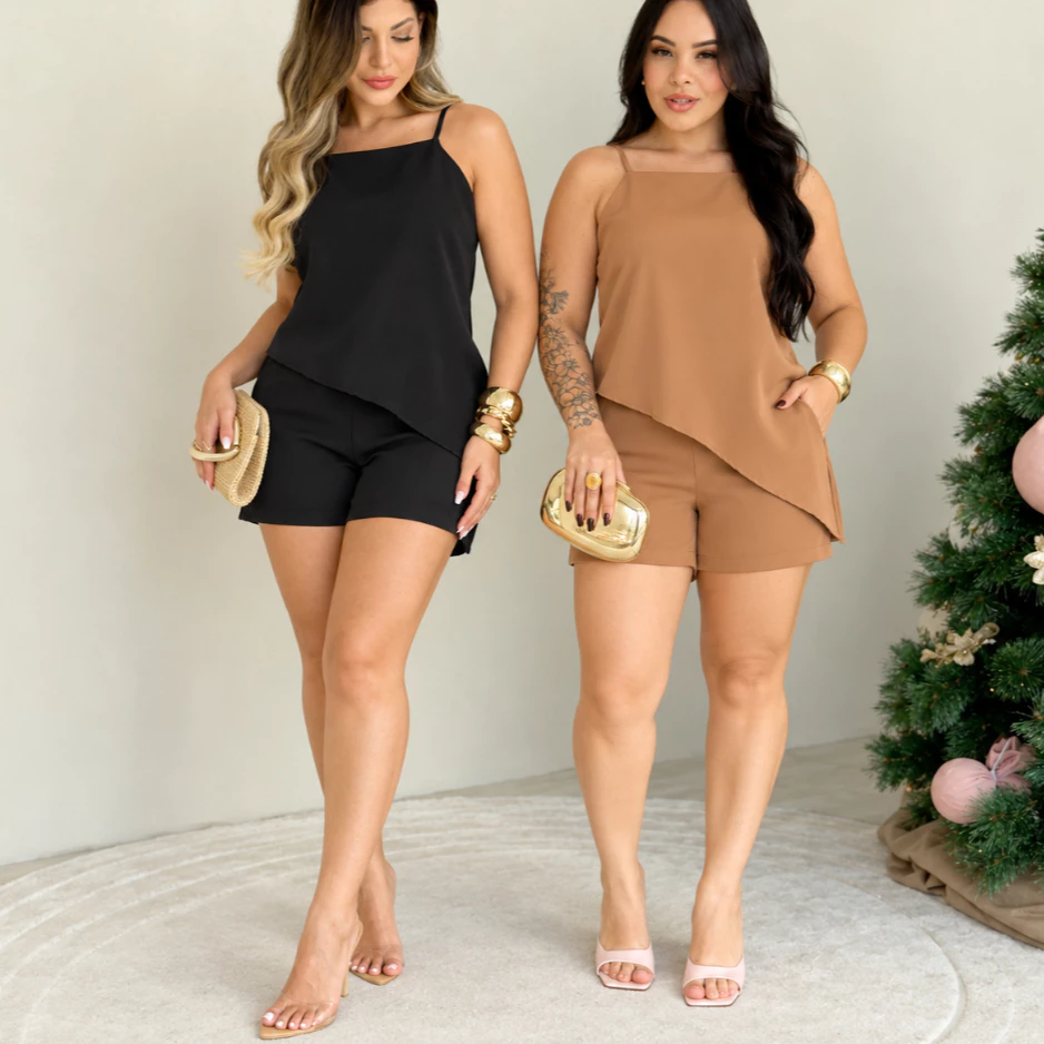Conjunto Feminino Alfaiataria Regata e Short Estilo Simetria