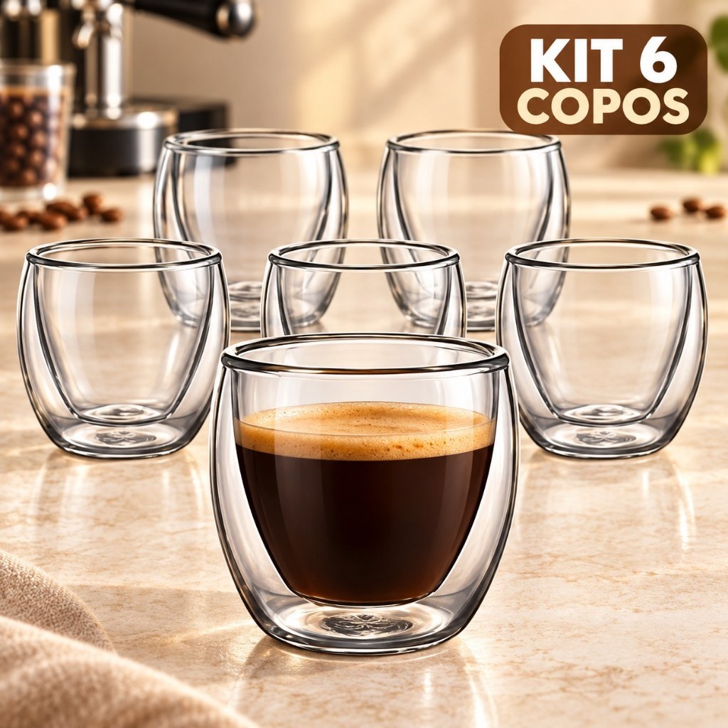 Kit 6 Copos de Vidro Parede Dupla 80ml para Café Espresso e Chá Sem Alça