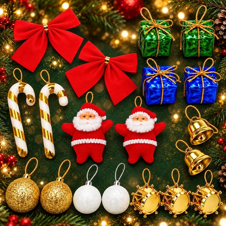 Kit C/ 20  de Enfeites Natalinos para Árvore de Natal com Laços, Bolas, Presentinhos  e Papai Noel