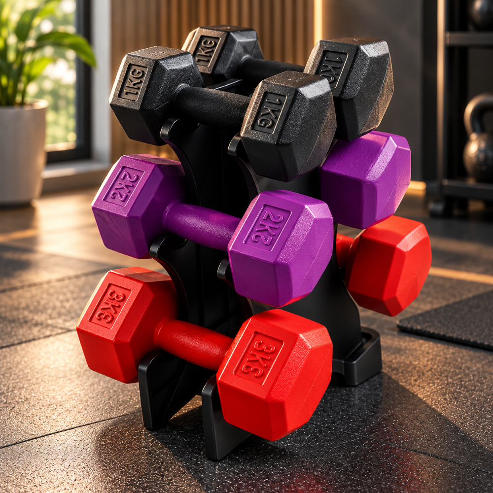 Kit Halteres 3 Pares 1kg 2kg 3kg com Suporte Pesos para Academia e Treino em Casa
