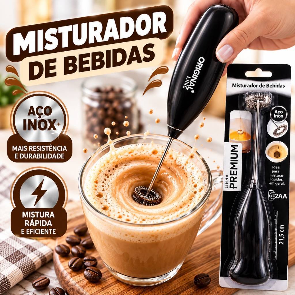 Mini Mixer Elétrico Misturador de Bebidas Inox Café Leite Cappuccino Original Line