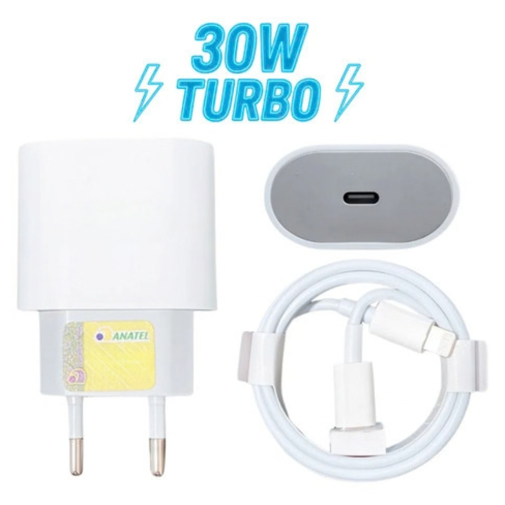 Carregador Para Iphone Turbo 30W USB C Compatível 14 13 12 11 XS XR 8 7 PRO MAX Branco Cabo Rápido Resistente