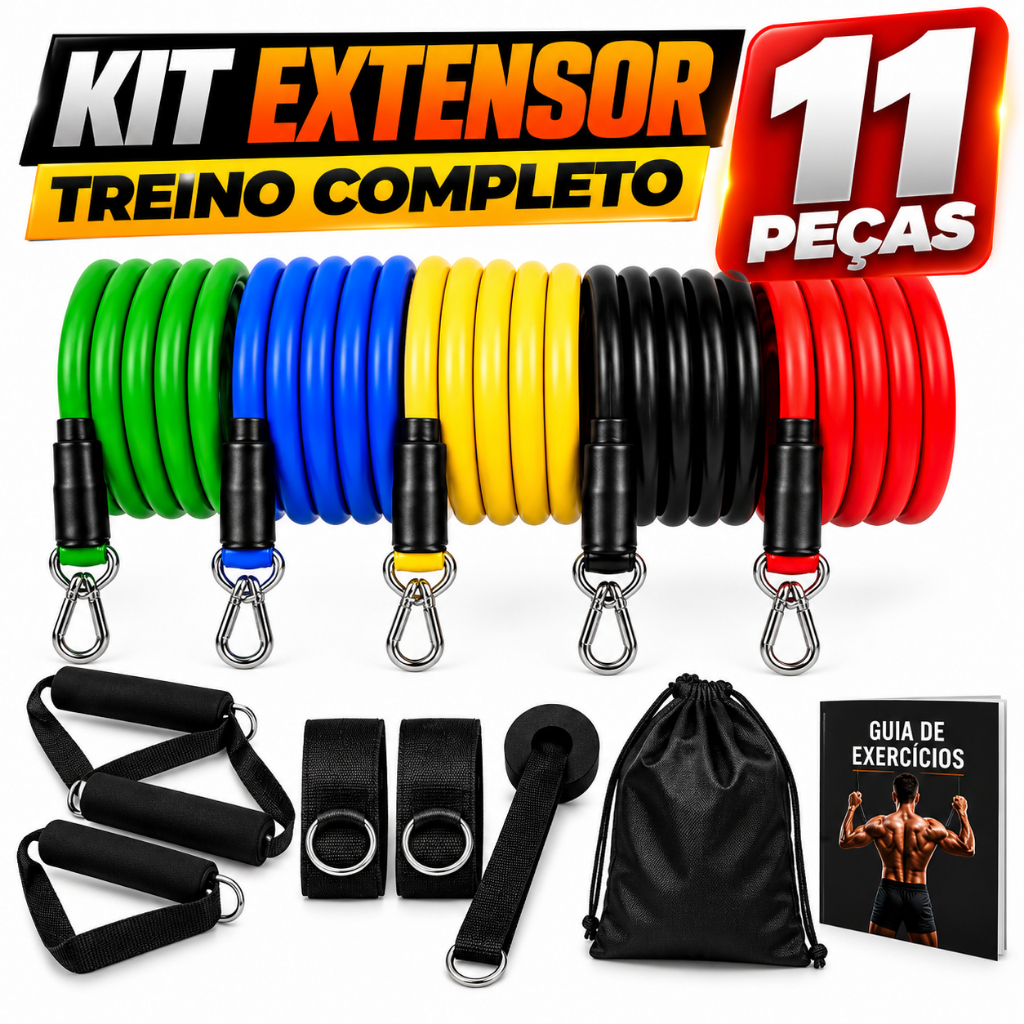 KIT 11 ELÁSTICOS EXTENSOR TREINO FITNESS FUNCIONAL ACADEMIA EM CASA