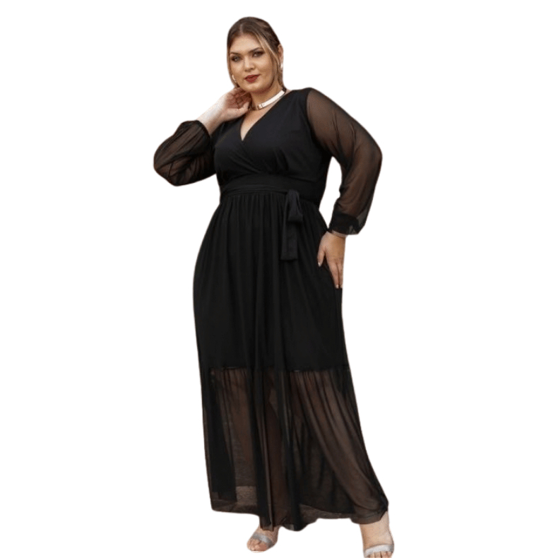 Vestido Plus Size Longo Tule com Manga Longa Festa Madrinha Casamento 3M