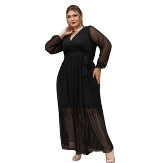 Vestido Plus Size Longo Tule com Manga Longa Festa Madrinha Casamento 3M