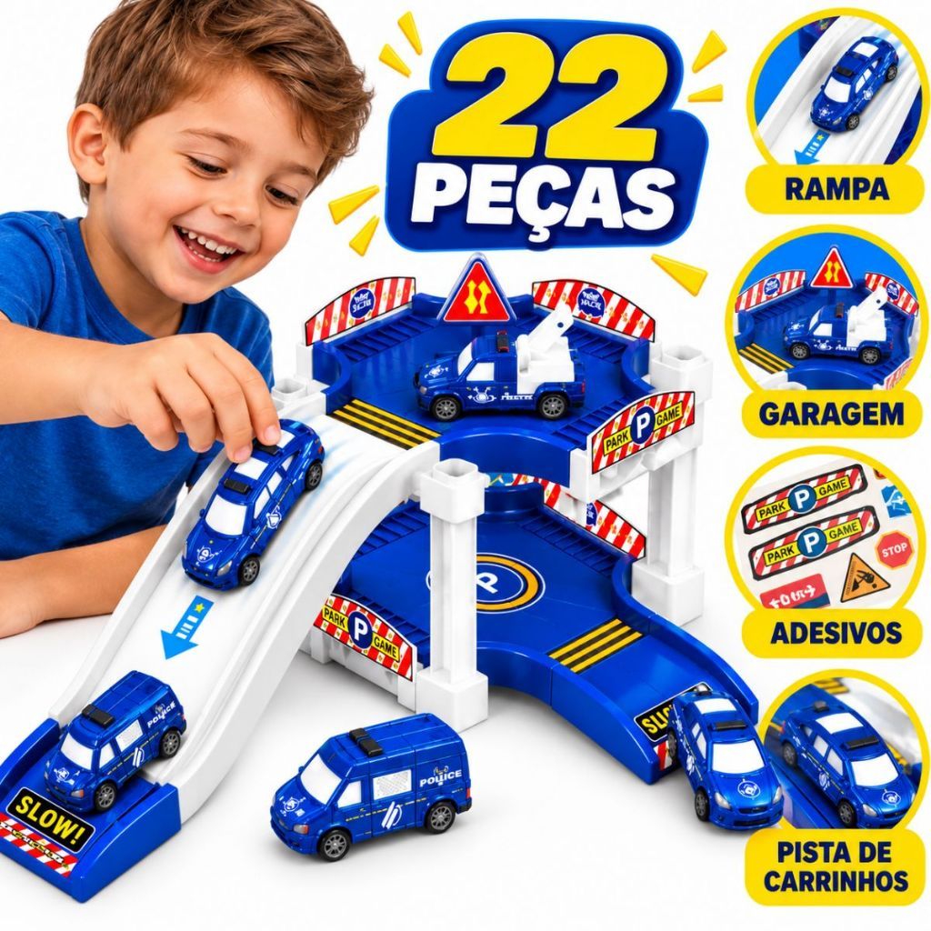 Pista De Carrinhos Brinquedo Montar Circuito 22 Peças Com Estacionamento Rampa + Acessórios Menino