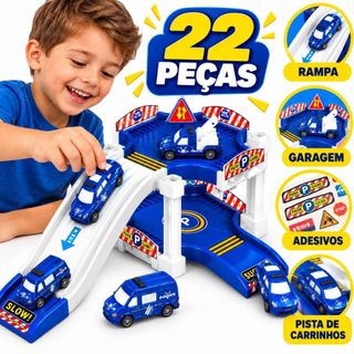 Pista De Carrinhos Brinquedo Montar Circuito 22 Peças Com Estacionamento Rampa + Acessórios Menino