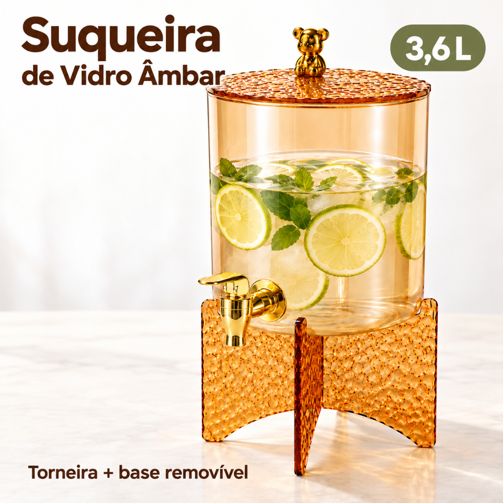 Suqueira de Vidro Âmbar 3,6L com Torneira 6 Copos de para Suco Água e Bebidas Dispenser Mesa Posta