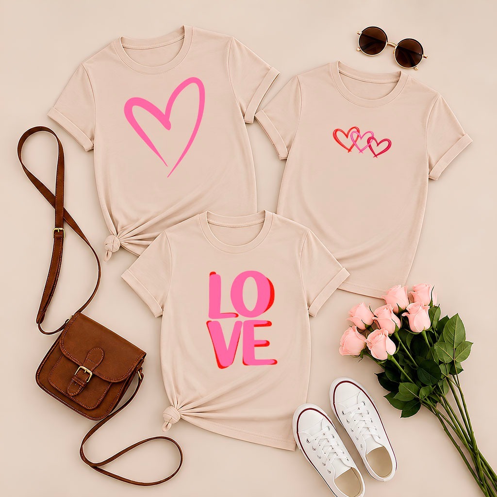 Kit 3 Camisetas Femininas LOVE CORAÇÕES 100% Algodão Tshirt Premium Estampada Blusa Estilosa