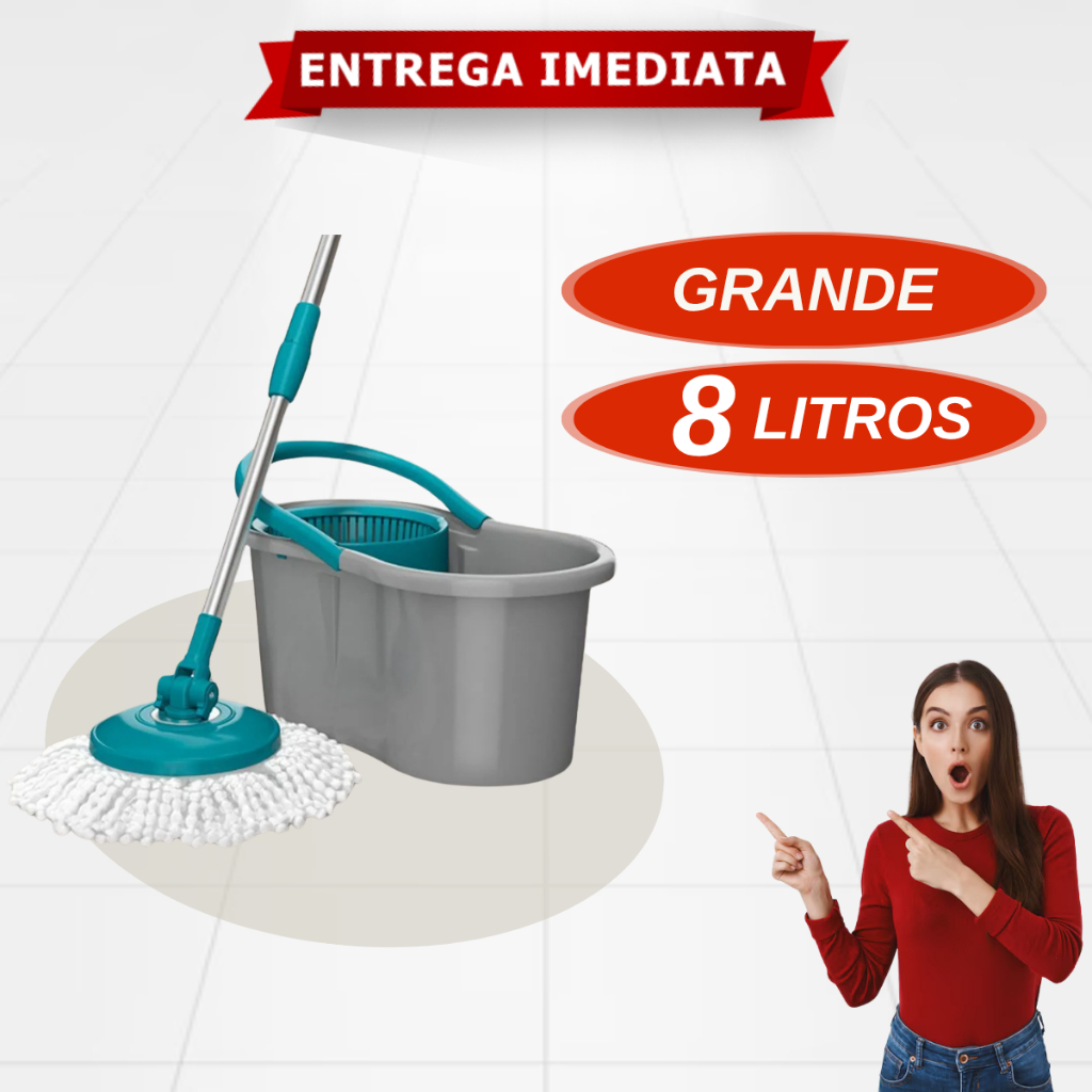 Mop Giratório 8 Litros Econômico Cesto Plástico Esfregão Microfibra