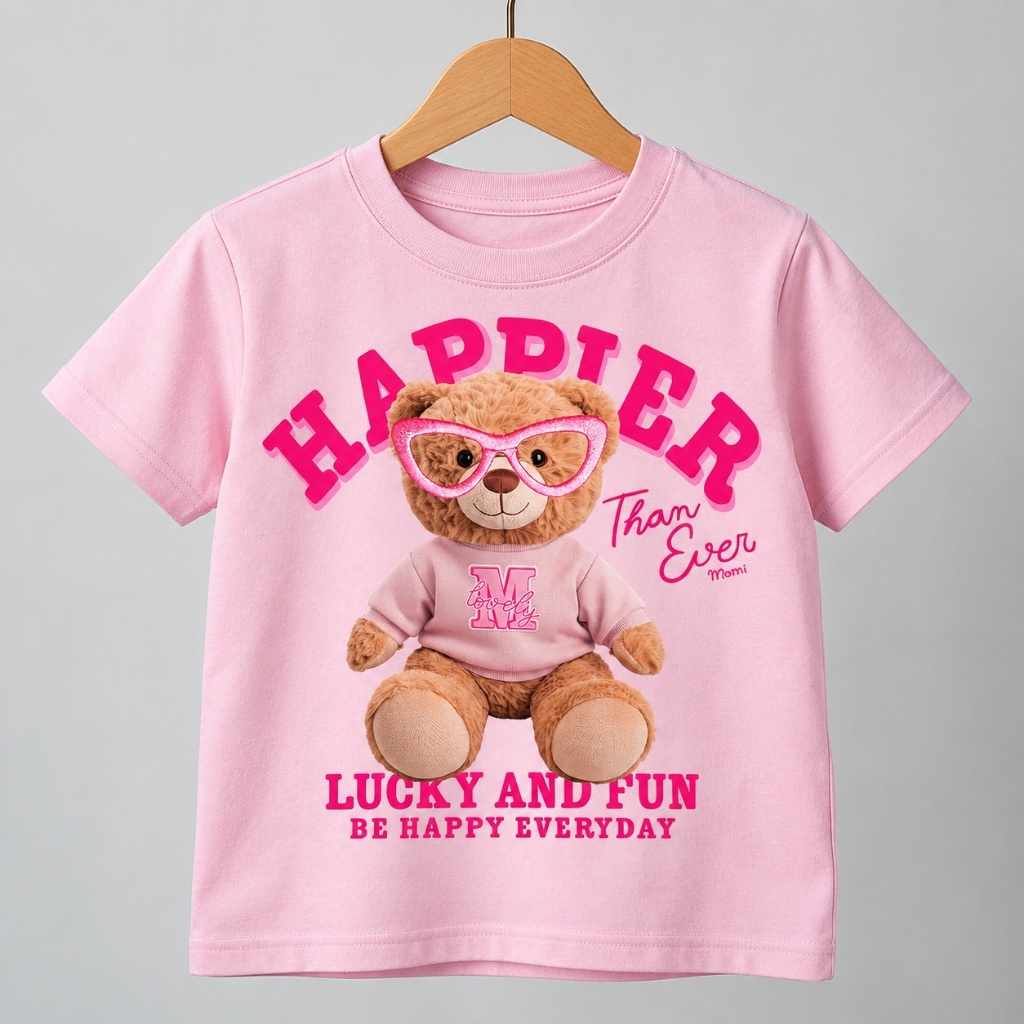 Camiseta Infantil Menina Ursinho Fofo Happier Estampada Manga Curta Dia das Crianças
