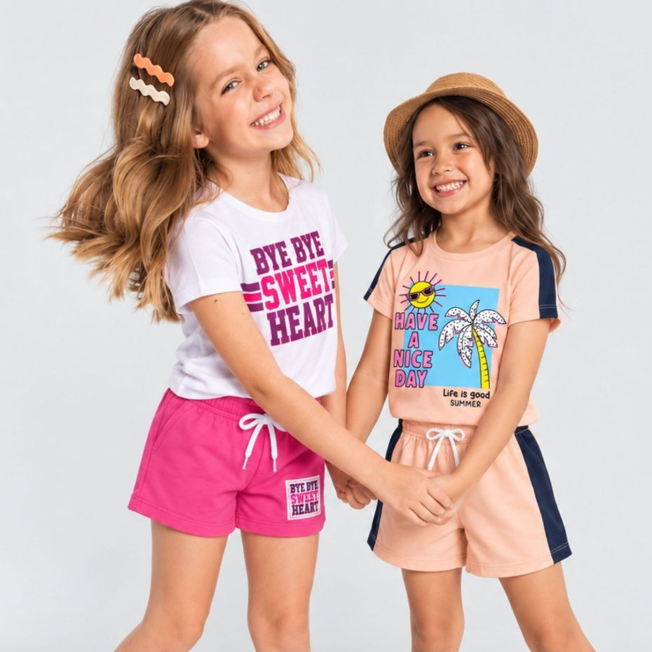 Kit 2 ou 4 Conjunto Feminino Verão Infantil Estampas Sortidas Blusa + Short Confortável 1 a 16 Anos
