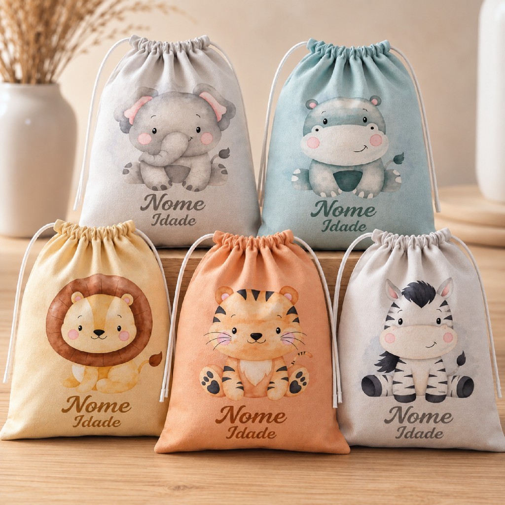 Sacolinha Lembrancinha Animais Safari Aquarela Sortidos para Aniversários e Festas